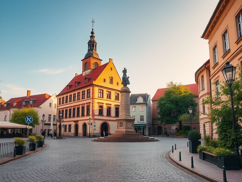 Panorama Ostrowi Mazowieckiej z widokiem na historyczne budynki i nowoczesną architekturę.